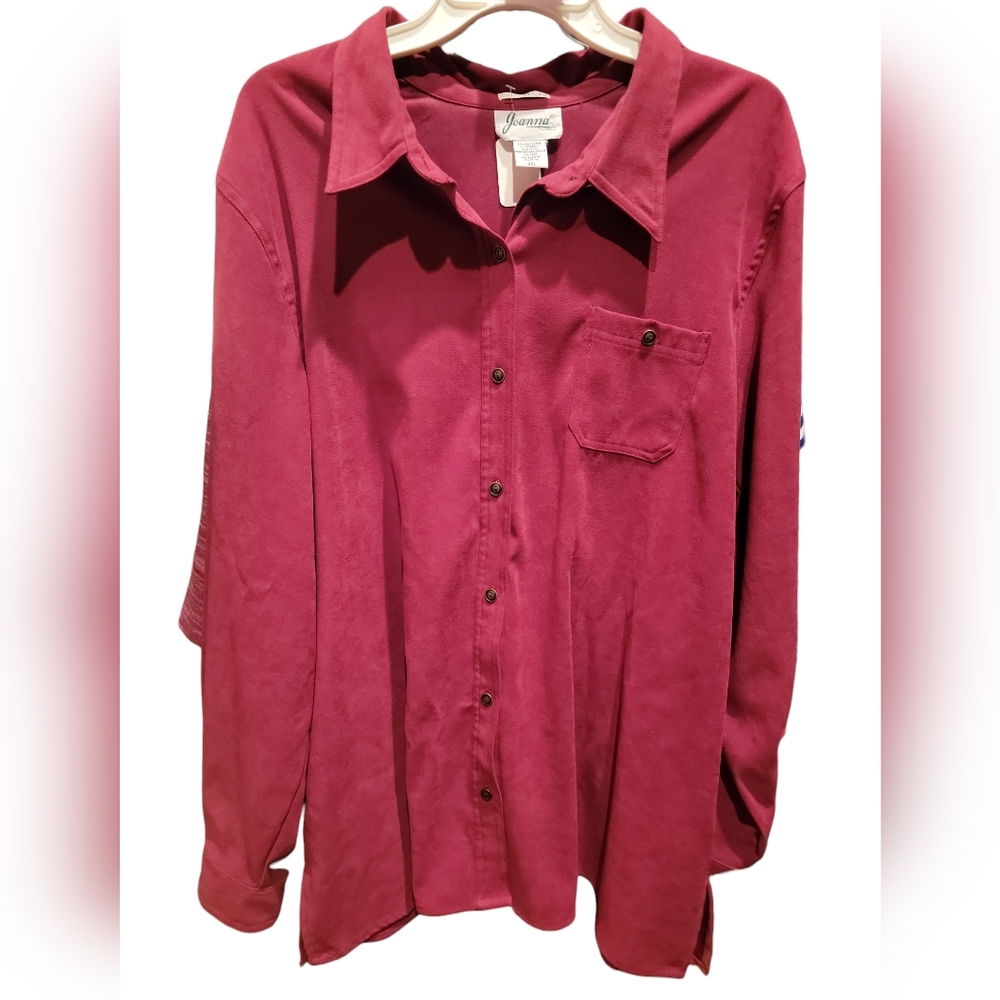 Joanna Red Button-up Top.  P2P: 26" L: 31"
